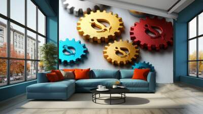 Colorful Metal Gears with Dollar Symbols Representing Financial Mechanisms and Economic Concepts Wall mural