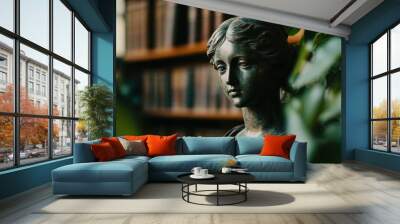 Elegant Bronze Bust of a Woman in a Library Setting with Bookshelves in the Background Wall mural