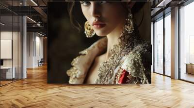 Elegant Woman in Ornate Traditional Attire with Intricate Jewelry and Embroidered Fabric Wall mural