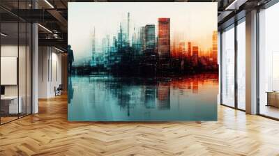 Futuristic Cityscape with Silhouetted Figure Reflecting on Water at Sunset Wall mural