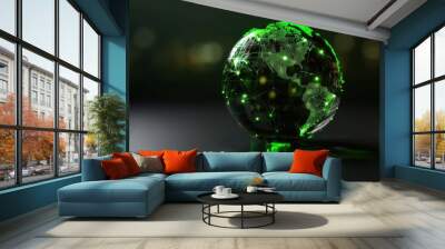 Futuristic Digital Globe with Green Network Connections on Dark Background Wall mural