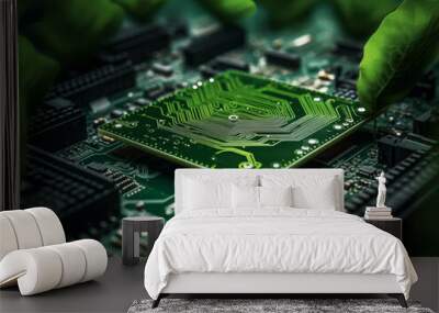 green leaf inside a computer circuit board green technology and environmental technology nature comb Wall mural