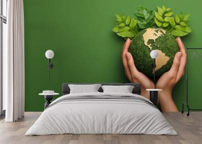 Hands Holding a Green Earth with Leaves Symbolizing Eco-Friendly Investments and Sustainable Future Wall mural