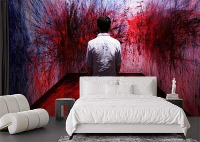 Man Observing Abstract Art in a Modern Gallery with Red and Blue Paint Splatter on Walls Wall mural