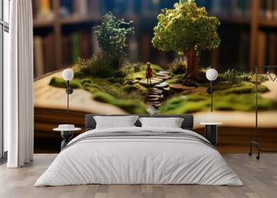 Open Book with Miniature Forest and Pathway, Symbolizing Imagination and Adventure in a Library Setting Wall mural