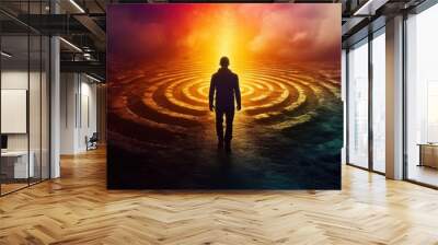 Silhouette of a Person Walking Towards a Glowing Light in a Mystical Labyrinth at Sunset Wall mural