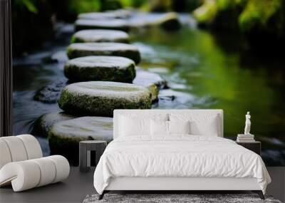 Stepping stones lead through a serene stream, surrounded by lush greenery, creating a peaceful and natural pathway. Wall mural