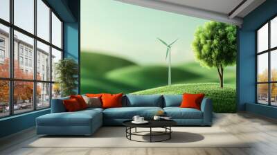 Sustainable Energy Concept with Wind Turbine and Tree on Green Rolling Hills Under Clear Sky Wall mural