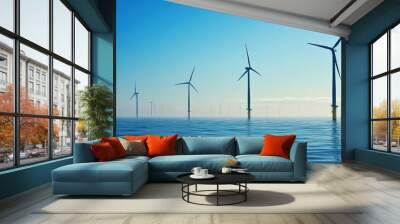 The image showcases a row of wind turbines standing tall in calm waters under a clear blue sky, representing renewable energy in a serene environment. Wall mural