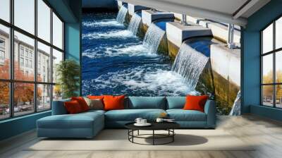 Water flows from a series of outlets into a calm body of water, showcasing a modern infrastructure for managing aquatic environments. Wall mural