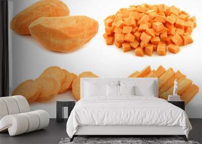 Sweet potato pieces on a white background Wall mural