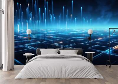 Abstract futuristic blue background with glowing lines and squares. Wall mural