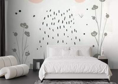 Cute cartoon cat with closed eyes sitting in a garden with floral elements. Wall mural