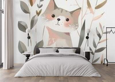 Cute cat sitting amidst stylized foliage in a minimalist illustration. Wall mural