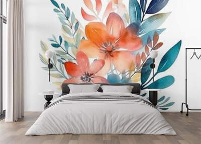 Watercolor floral bouquet with orange, pink, and blue flowers and leaves. Wall mural