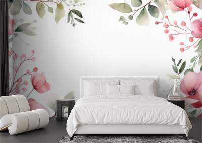 Watercolor floral frame with pink flowers and green leaves. Wall mural