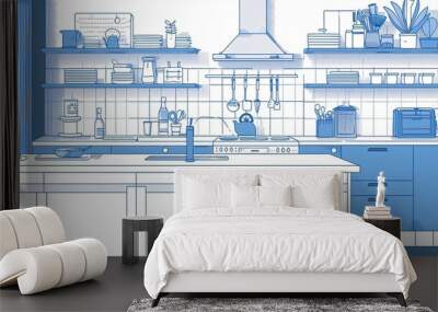 A simple 2D outline of a safe and hygienic kitchen environment, showing a well-organized space with labeled containers and clean surfaces Wall mural