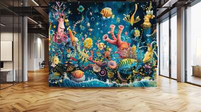 Watercolor illustration of a whimsical underwater parade with fantastical creatures and vibrant decorations Wall mural