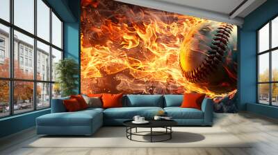 A baseball is in the air with flames surrounding it Wall mural