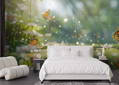 A beautiful butterfly garden with a pond full of water and flowers. The butterflies are flying around and the water is reflecting the sunlight Wall mural