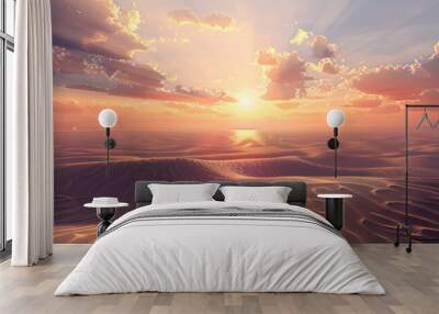 A beautiful sunset over a calm ocean with a few clouds in the sky. The sky is a mix of orange and pink hues, creating a serene and peaceful atmosphere. The water is calm and still Wall mural