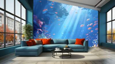 A beautiful underwater scene with a lot of fish and coral. The fish are swimming in the water and the coral is colorful Wall mural