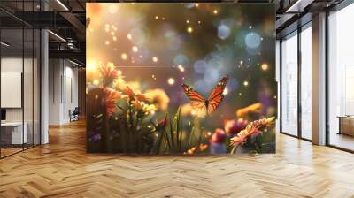 A butterfly is flying in a field of flowers. The butterflies are surrounded by a lot of flowers, and the sun is shining brightly on them. The scene is peaceful and serene Wall mural