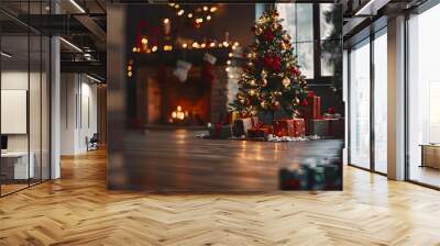 A Christmas tree is lit up in a room with a fireplace. There are many presents under the tree, and a few boxes are scattered around the room. Scene is festive and cozy Wall mural