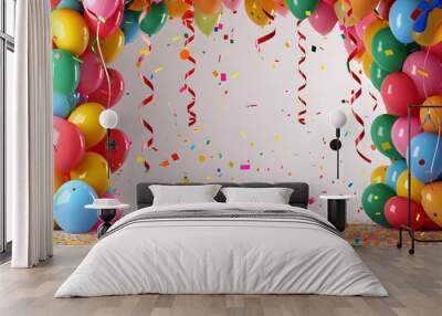 A colorful archway of balloons with confetti falling from it. The balloons are in various colors and sizes, and the confetti adds a festive touch to the scene Wall mural