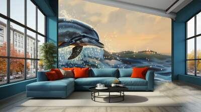 A dolphin is leaping out of the water. The painting is of a beautiful ocean scene with a dolphin jumping out of the water Wall mural