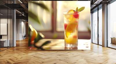 A glass of lemonade with a few slices of orange and a sprig of mint. The drink is sitting on a table with a window behind it Wall mural