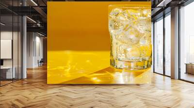 A glass of water with ice cubes in it sits on a yellow table. Concept of refreshment and relaxation, as the cold water Wall mural