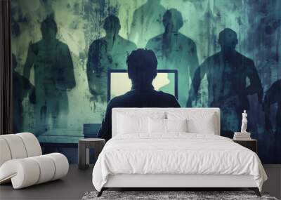 A man is sitting at a desk in front of a computer screen. The screen is showing a man's shadow and the silhouettes of other people. Concept of isolation and loneliness Wall mural