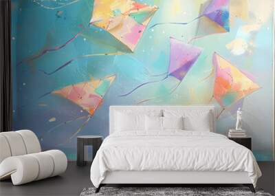 A painting of four kites flying in the sky with a blue background. The kites are of different colors and sizes, and they are all flying in different directions. The painting conveys a sense of freedom Wall mural