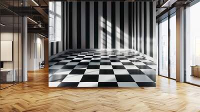 A room with black and white stripes on the walls and a checkered floor. The room is empty and has a very minimalistic feel to it Wall mural