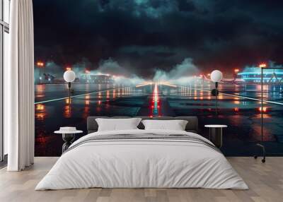 A runway is lit up with red lights and the sky is dark and cloudy. The scene is set at night and the runway is wet from rain Wall mural