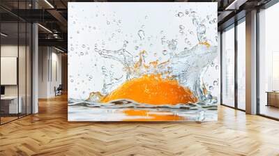 A splash of water is falling on an orange Wall mural