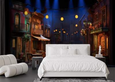 an empty stage set for an urban street scene, in the style of theatrical lighting, vibrant airy scenes Wall mural