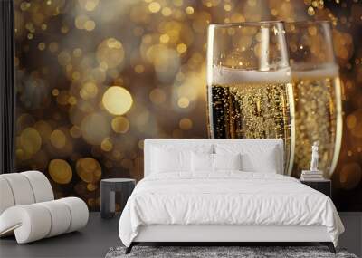 Two champagne glasses filled with bubbles and a blurry background Wall mural