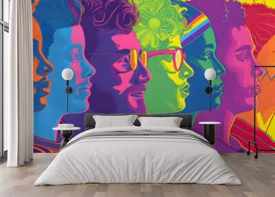 Vintage Inspired 1970s Pop Art Illustration Celebrating Pride Day and LGBT Community Diversity Wall mural