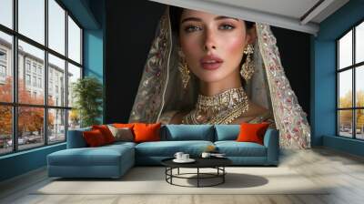 Beautiful Bride with Gold and Diamond Jewelry, AI generative Wall mural