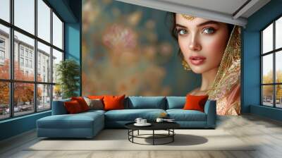 Beautiful Indian Woman in Saree and Jewelry Portrait Wall mural