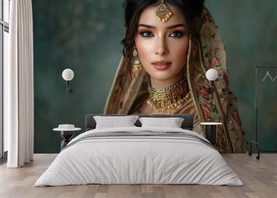 Elegant Indian Bride Portrait with Traditional Jewelry and Fashion Wall mural