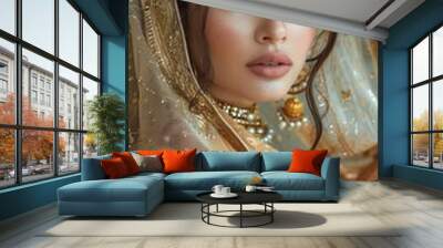 Elegant Woman in Golden Sari with Brown Eyes and Jewelry Portrait Wall mural