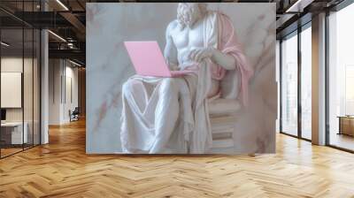 Antique Greece era marble statue Zeus thunder god sitting and browsing modern pink colour laptop comic image. Modern technology connected with antique ages and art items funny concept. Wall mural