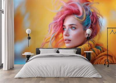 High detailed close up portrait of young female with Dyed Multi Colors Hair hairstyle and brighty make-up on vibrant Yellow wall. Modern teens expressional serene outlook with individuality accent. Wall mural