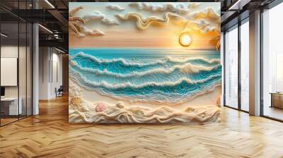 Knitting collage of a sea or ocean shore with palms, waves, sand, and shells, sky, sun, and clouds. Collage neatly made from woolen threads. Nice for vacation or exotic destinations advertising. Wall mural