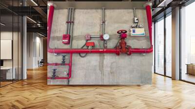 The red metal pipe and large valve of the fire fighting system Wall mural