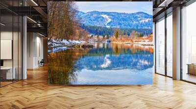 Scenic picture-postcard landscape with lake Traun, forest and mountains  in Austrian Alps. Beautiful view in winter. Austria, Bad Goisern Wall mural