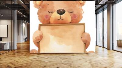 Bear holding board isolated on transparent background. PNG Wall mural